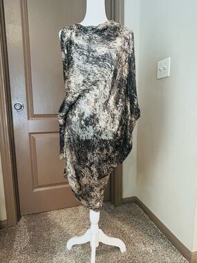 Gold Hawk Asymmetrical Draped Silk Blend Animal Print Mini Dress L